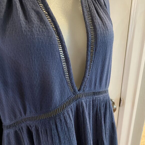Free People Blue Go Lightly Swing Dress V Neck 3/4 Sleeve Boho-Size Small - Picture 8 of 16
